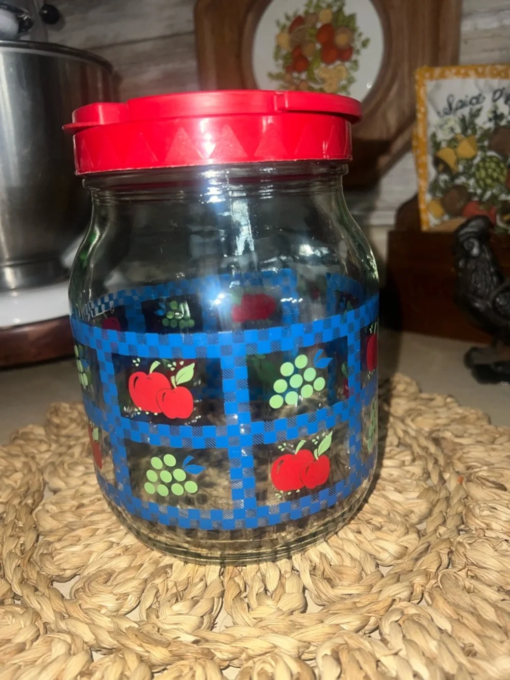 Sun Tea - Vintage Red-Lid Glass Storage Jar with Blue Check & Fruit Motif -